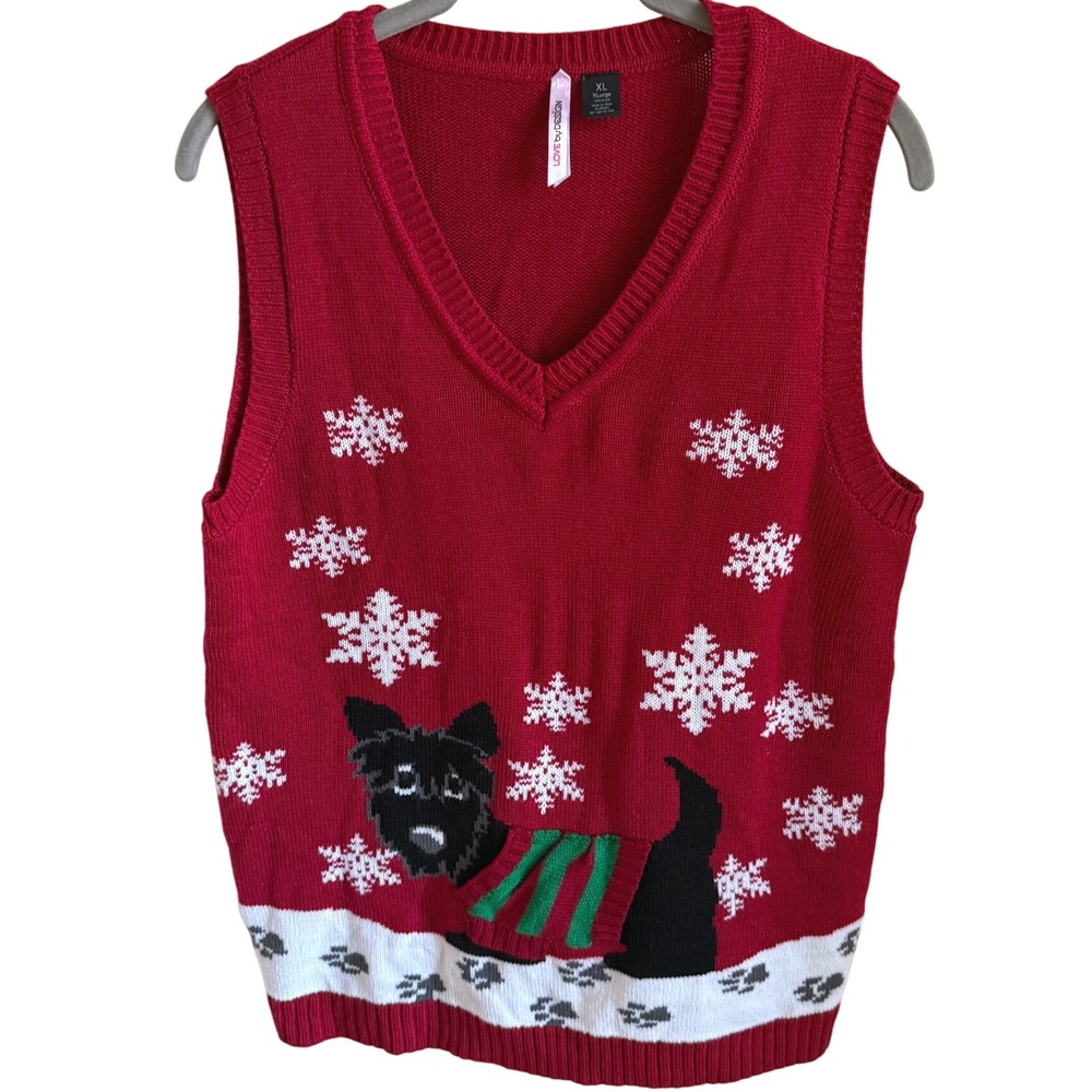 Holiday Red V-Neck Sweater Vest with Dog Motif